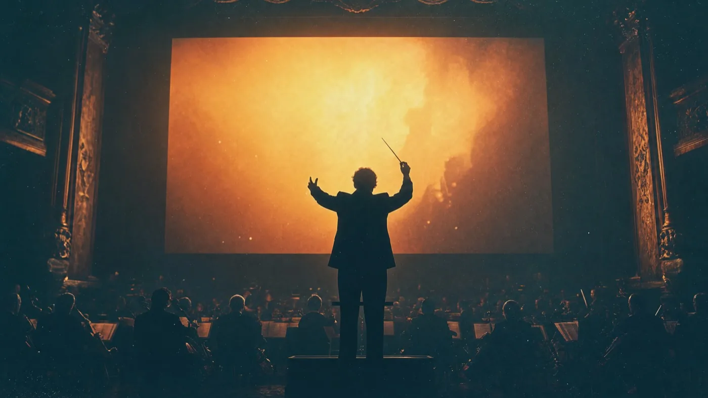 A conductor raising a baton before a glowing cinema screen
