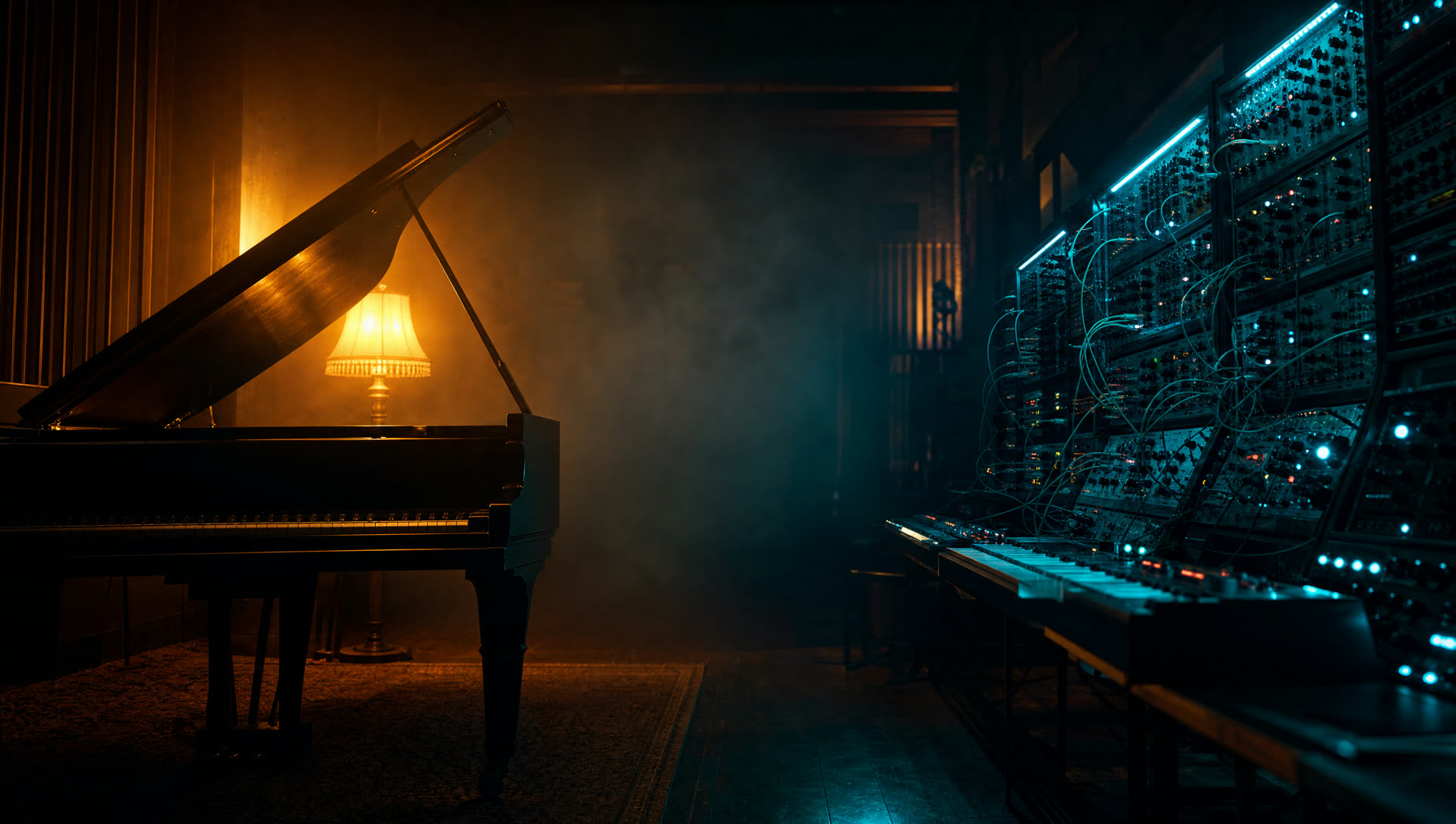 A grand piano in warm light and a modular synthesizer glowing teal, facing each other