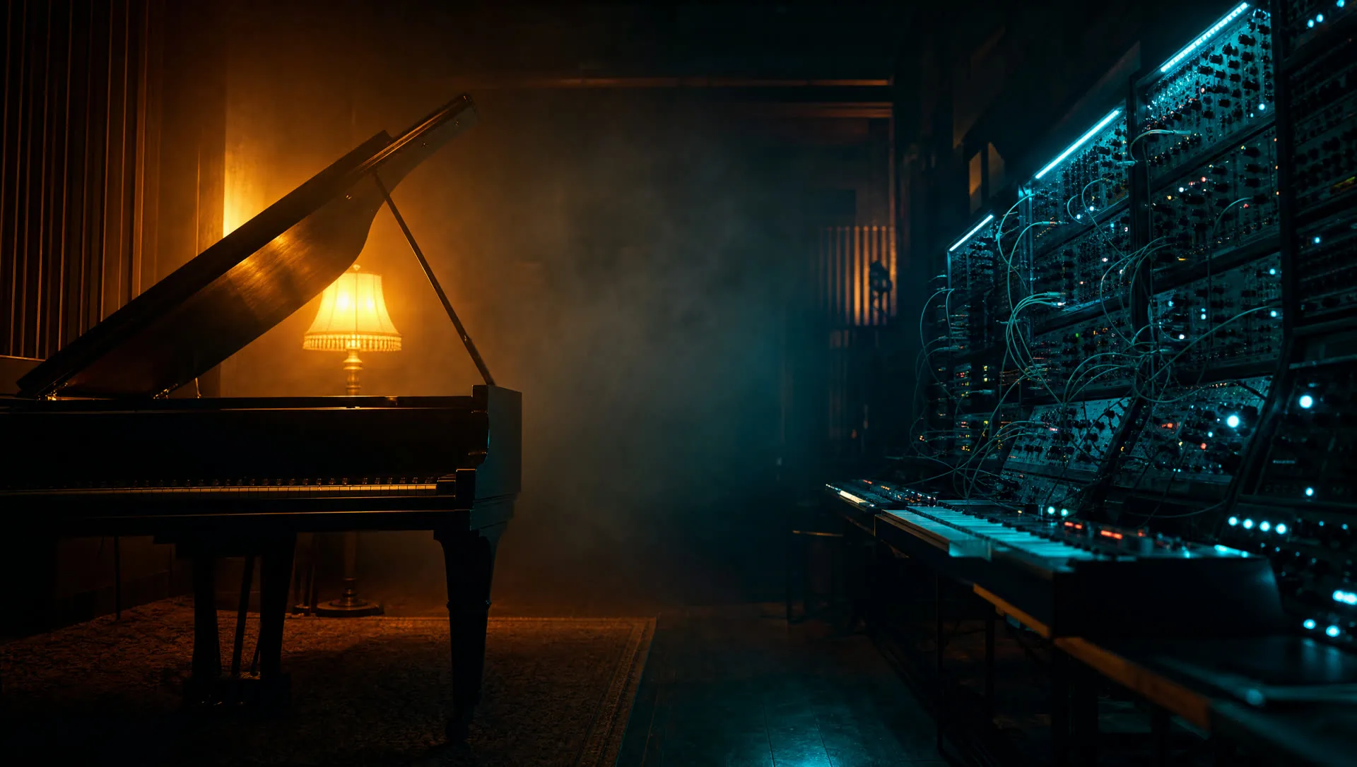 A grand piano in warm light and a modular synthesizer glowing teal, facing each other