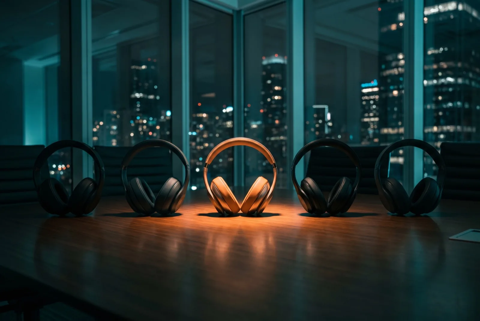 Five pairs of studio headphones in a row on a dark boardroom table at night, four in teal shadow and one lit warm amber, blurred city lights behind