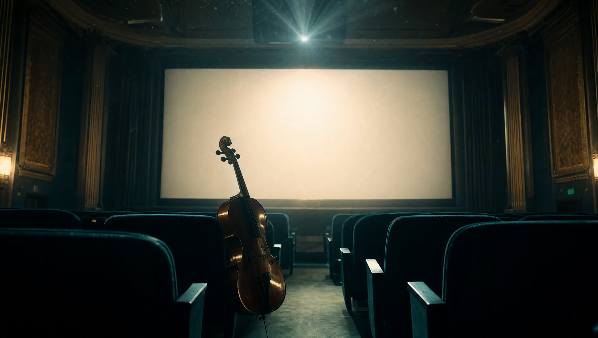 An empty cinema with a glowing screen and a cello in the front row