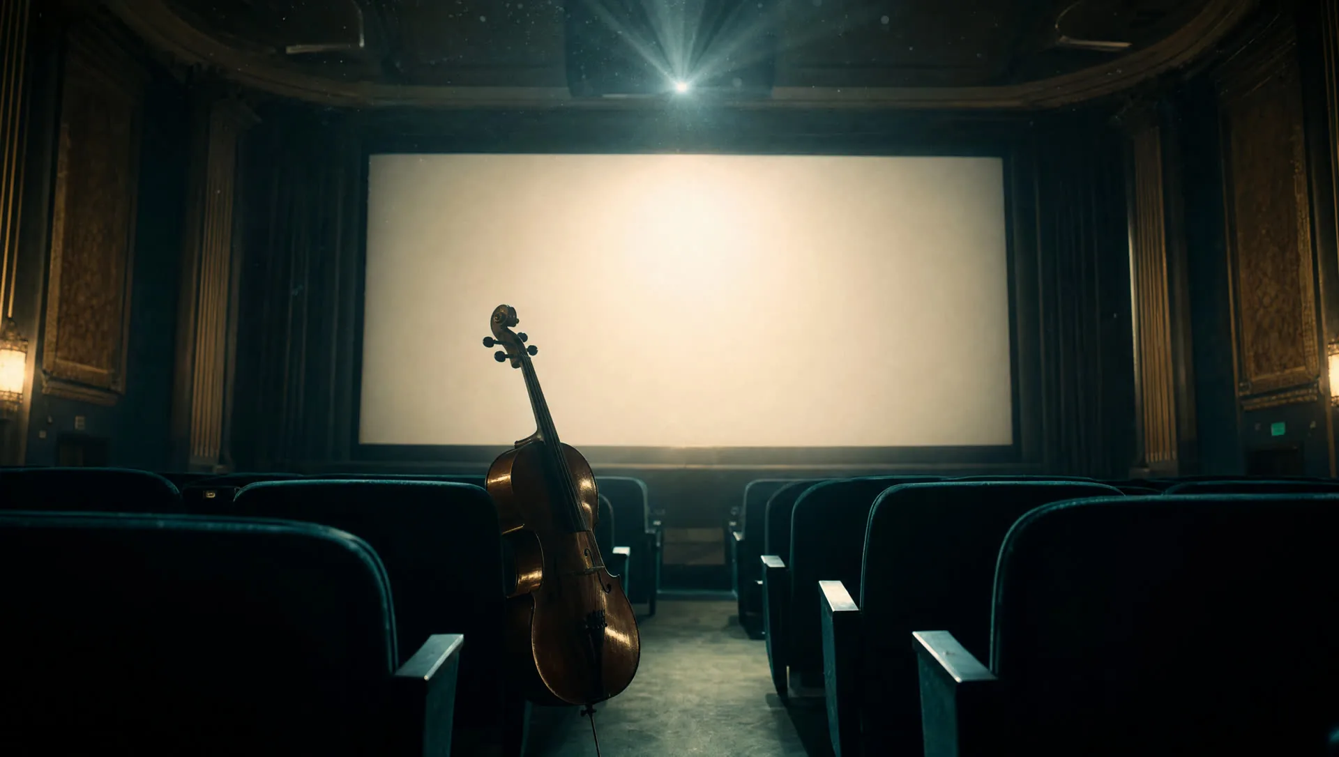 An empty cinema with a glowing screen and a cello in the front row