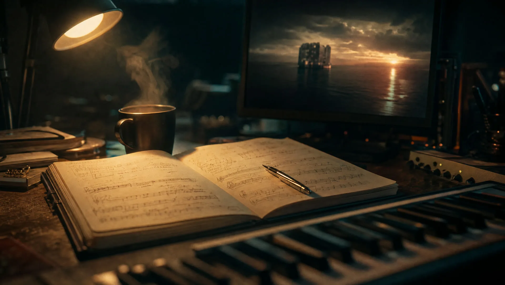 A composer's desk with handwritten score sketches, a coffee, and a film still on a monitor in warm lamp light
