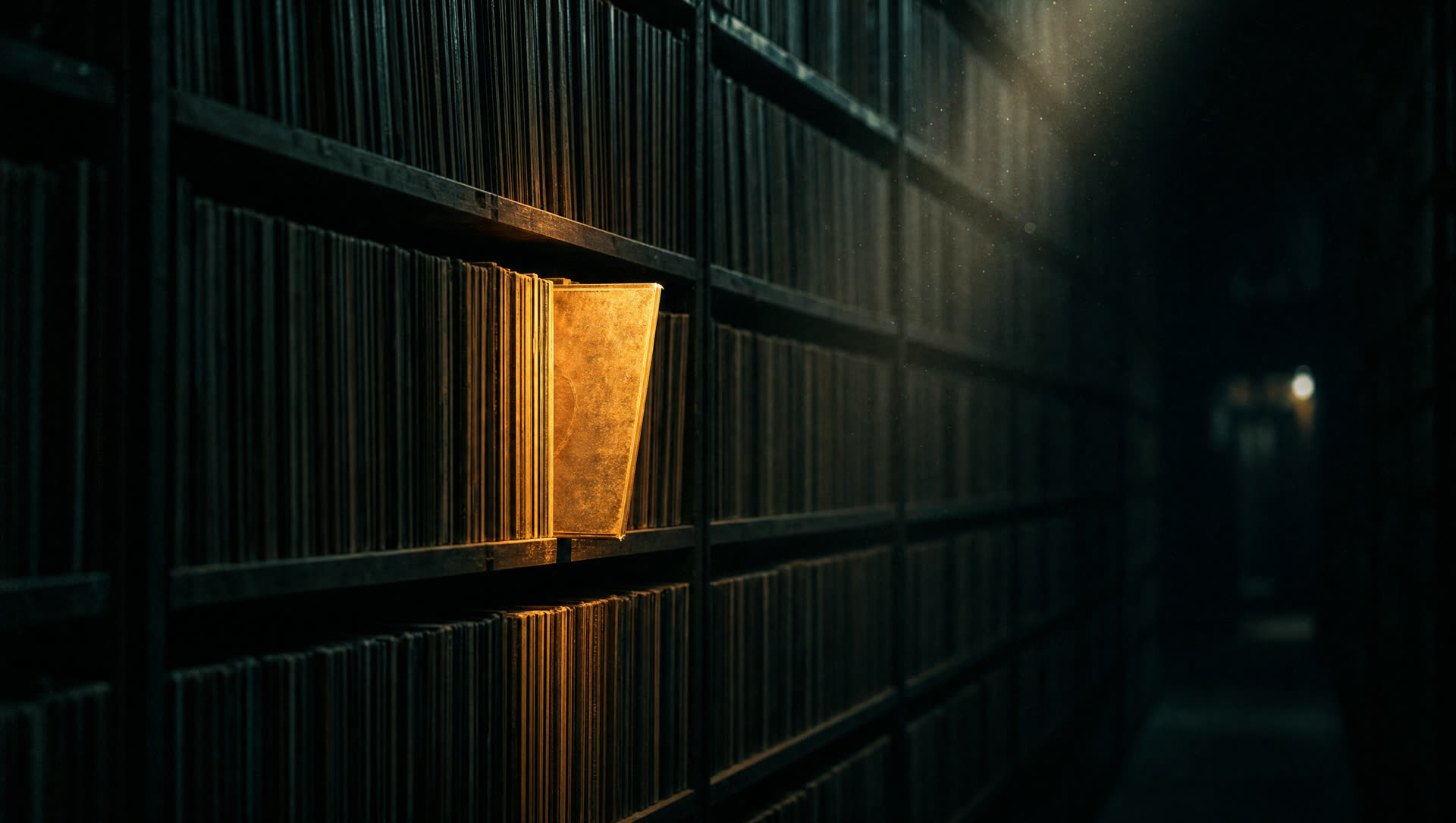 Shelves of identical records with one golden record pulled out