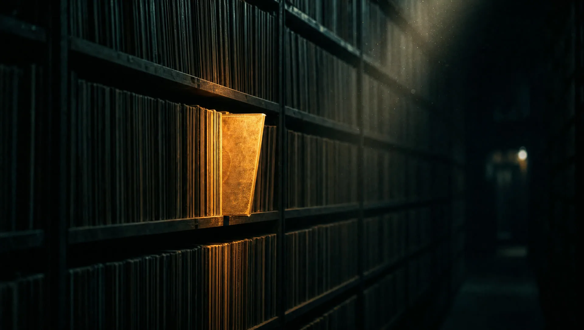 Shelves of identical records with one golden record pulled out