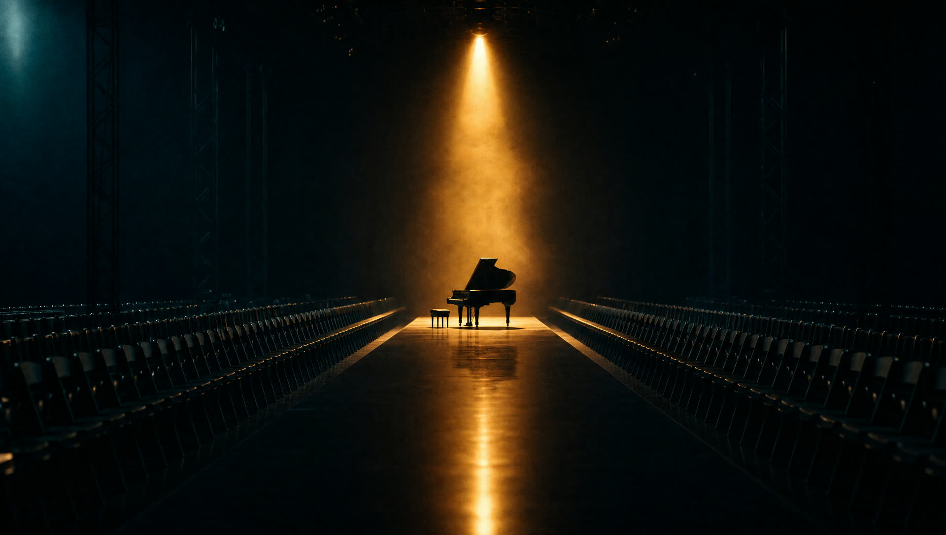 A grand piano at the end of an empty fashion runway under a warm spotlight
