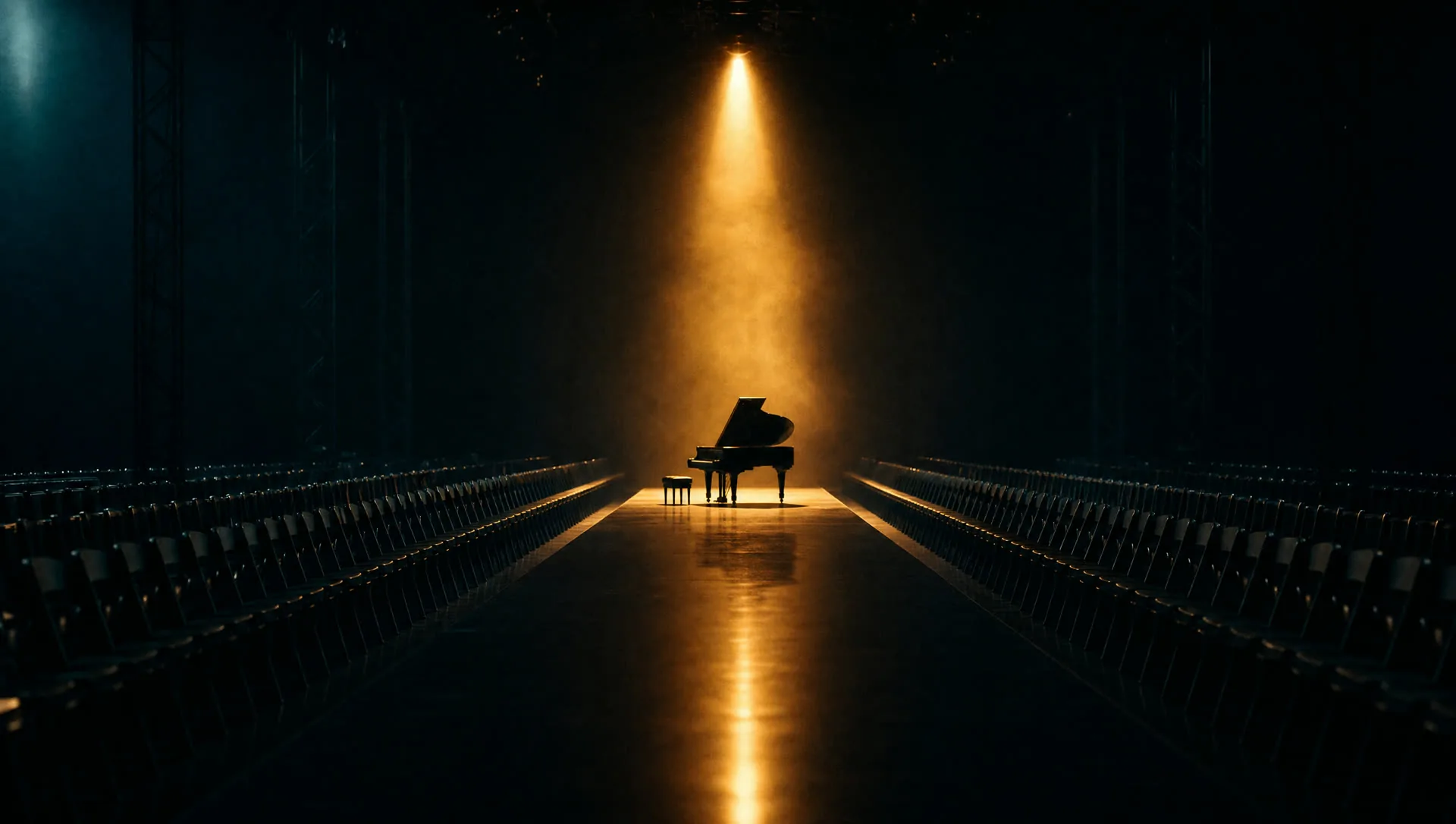 A grand piano at the end of an empty fashion runway under a warm spotlight