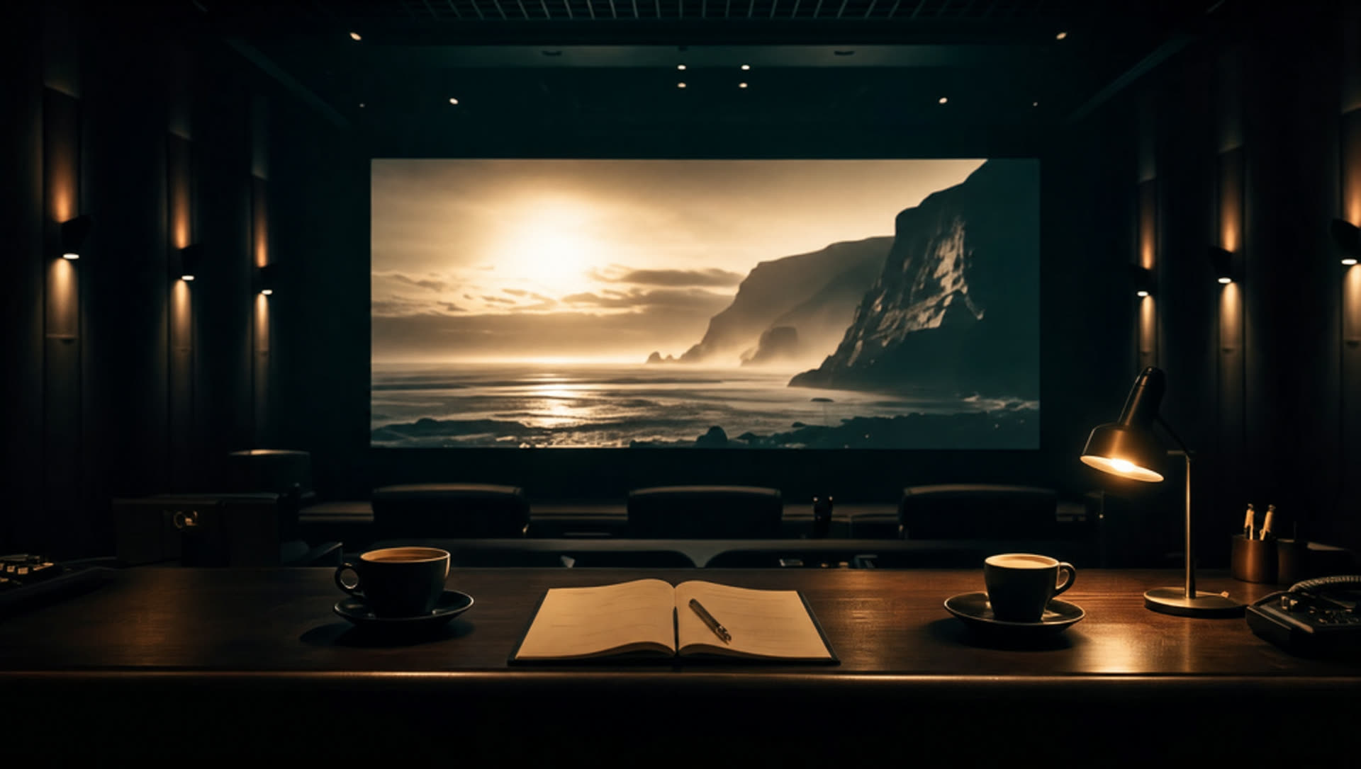 A screening room desk with two coffees and a notebook facing a glowing screen