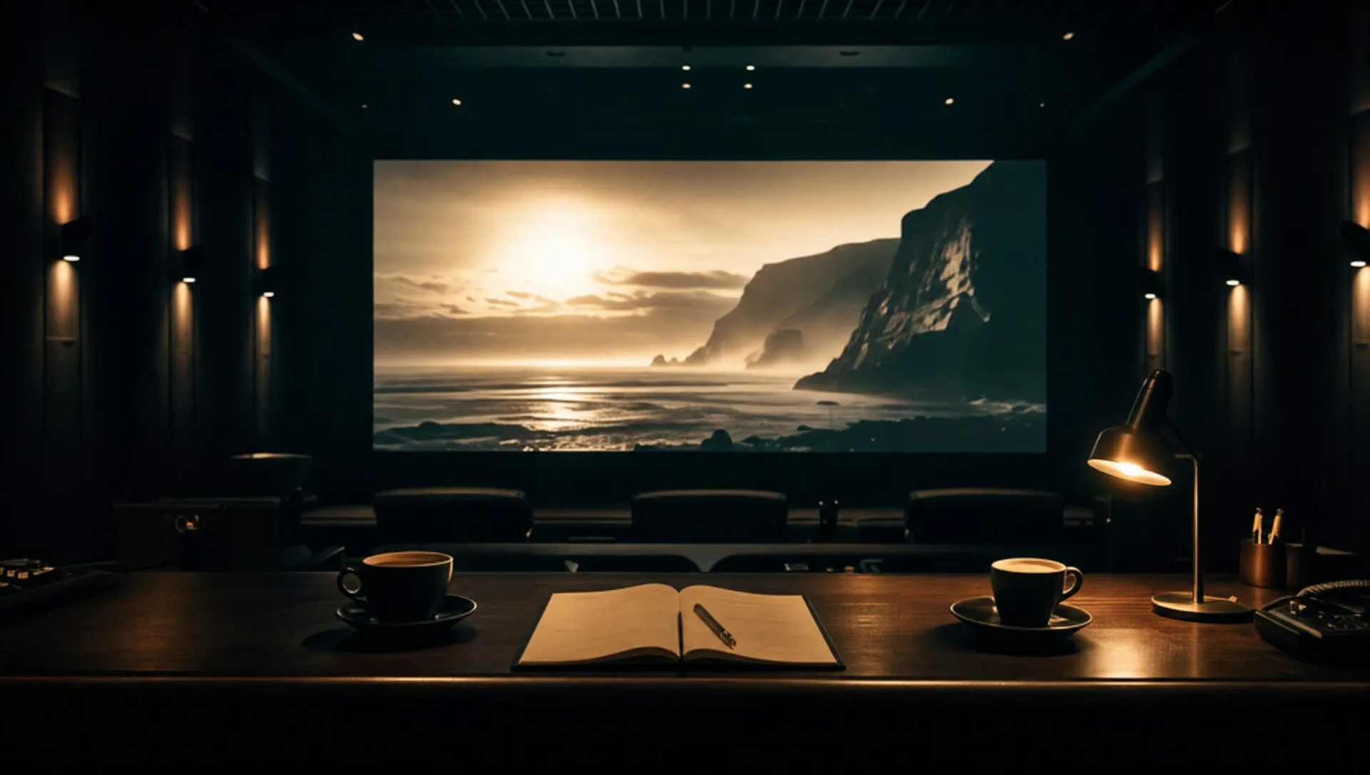 A screening room desk with two coffees and a notebook facing a glowing screen