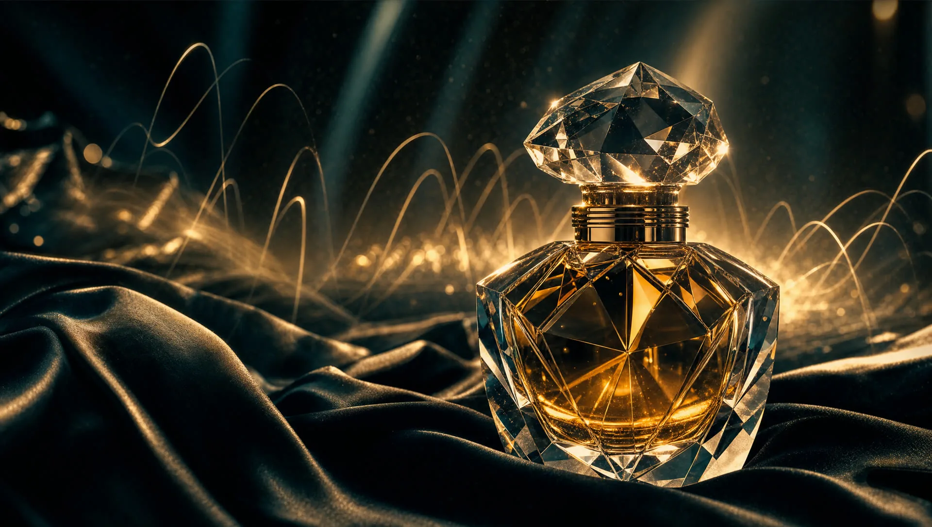 A crystal perfume bottle on black silk in golden light