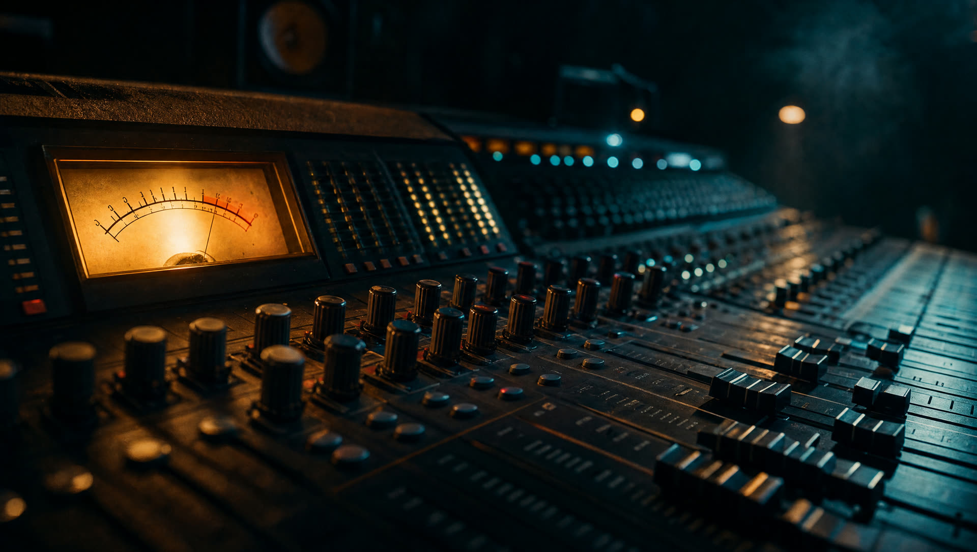 Analog mixing console faders in warm lamplight with a glowing VU meter