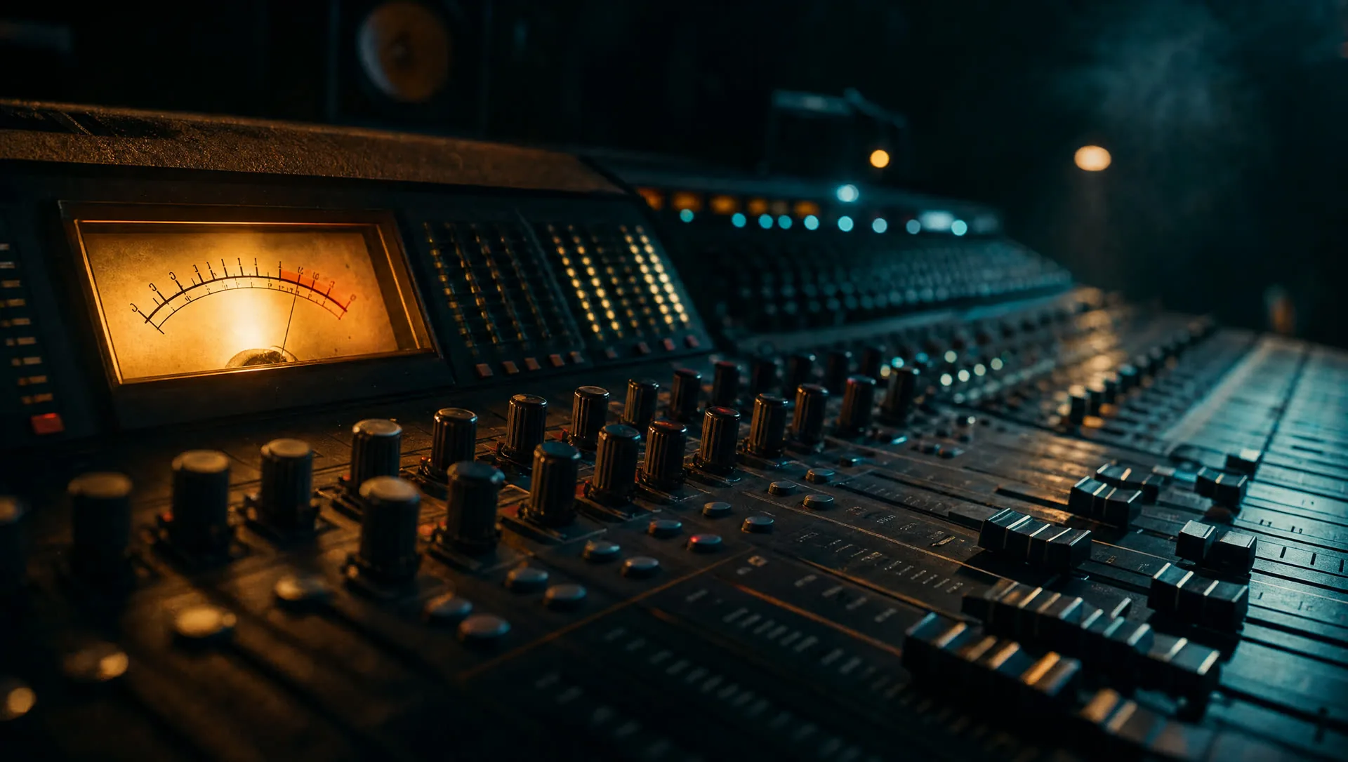 Analog mixing console faders in warm lamplight with a glowing VU meter