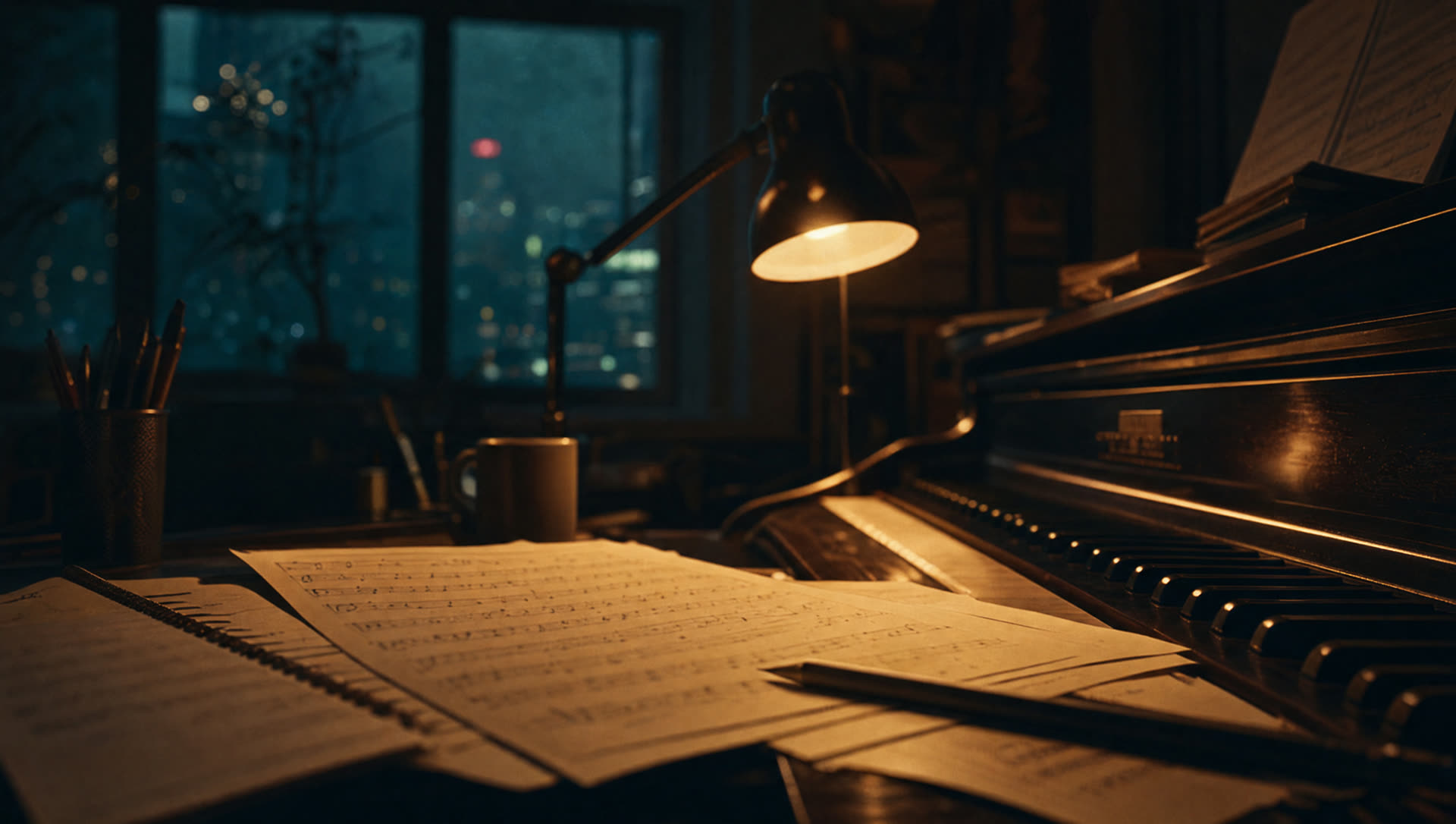 A composer's desk at night with manuscript paper and piano keys