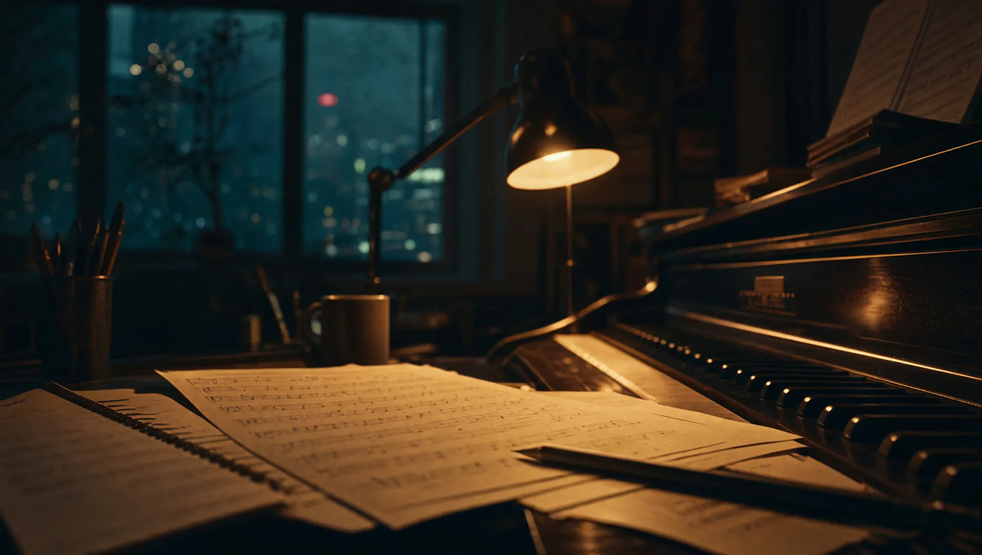 A composer's desk at night with manuscript paper and piano keys