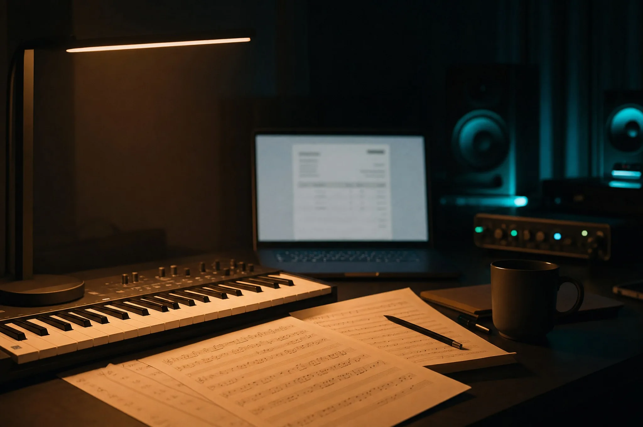 A composer's desk at night with a MIDI keyboard, manuscript paper, and a laptop showing a blurred quote document, teal-lit studio monitors behind