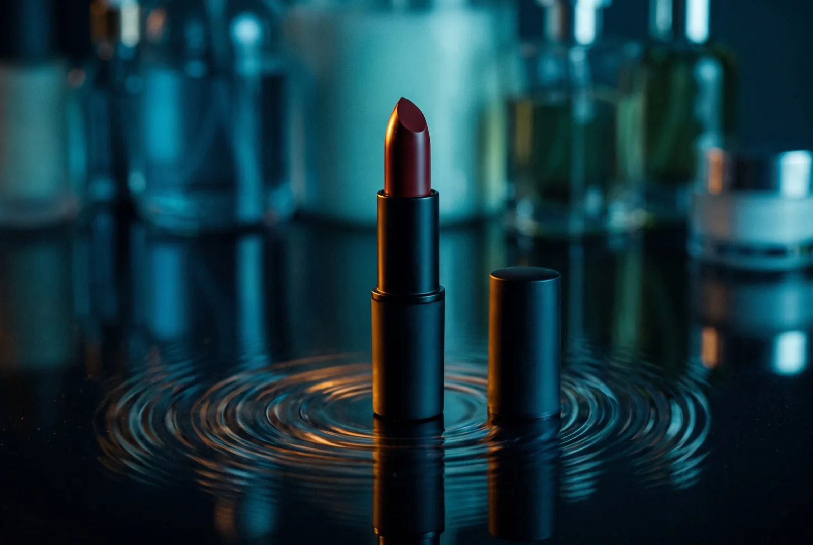 A dark red lipstick standing upright beside its cap on a black reflective surface, concentric ripples of light radiating outward like a sound wave, cool teal light in the blurred background