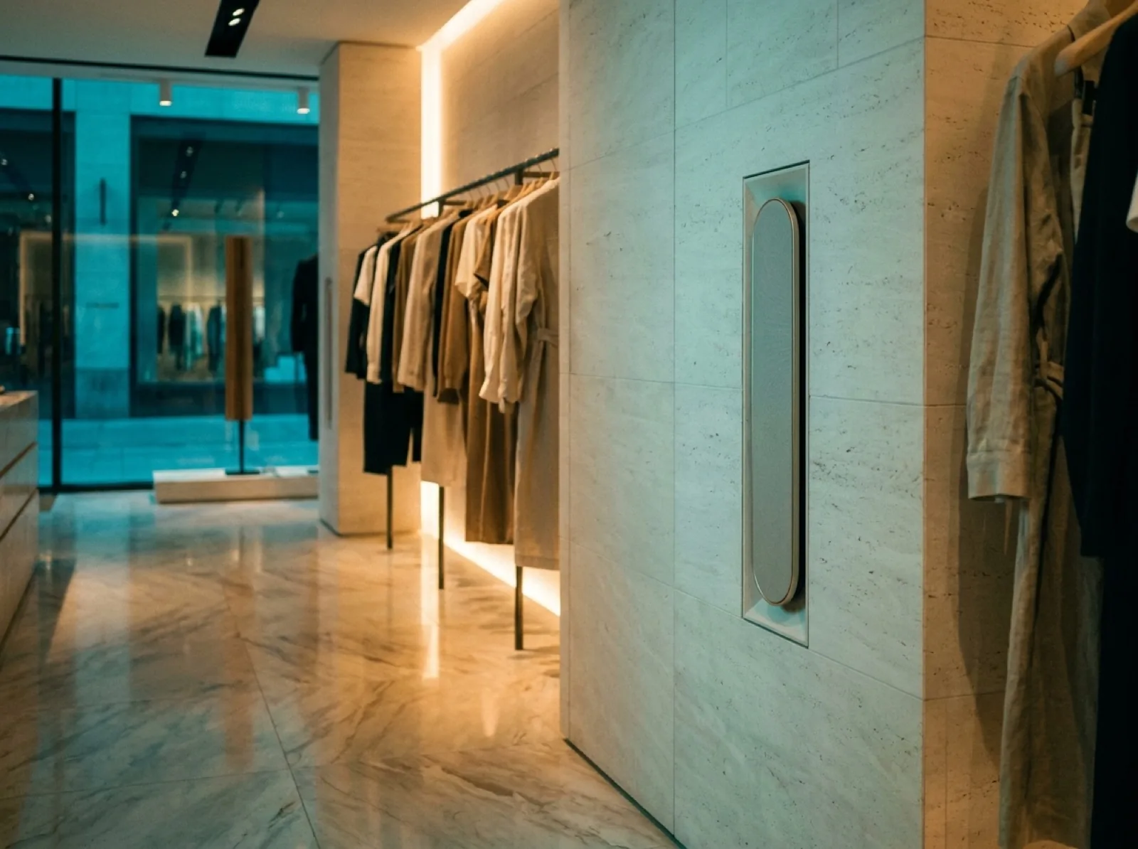 A slim speaker recessed discreetly into a marble wall of a minimalist boutique, warm light on a clothing rail, cool teal light from the storefront glass behind