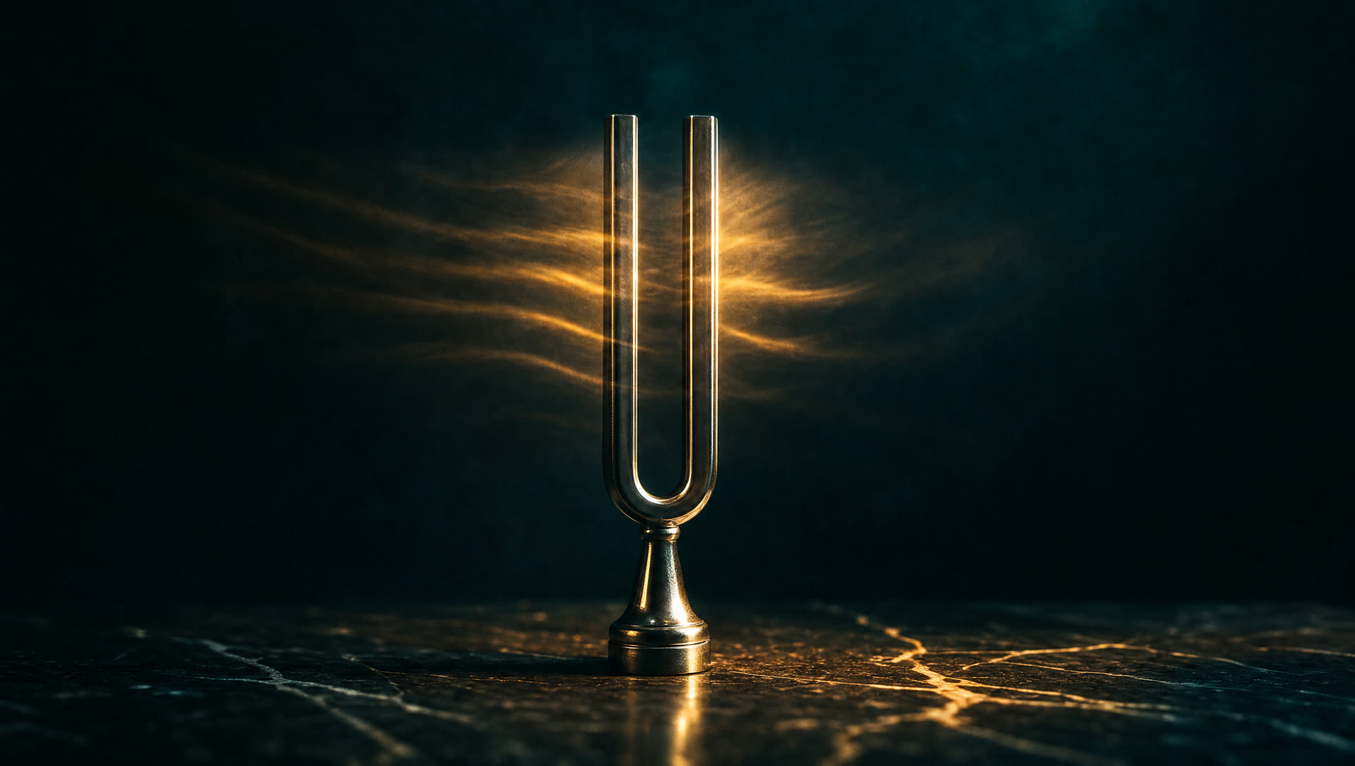 A tuning fork on black marble with golden ripples of light