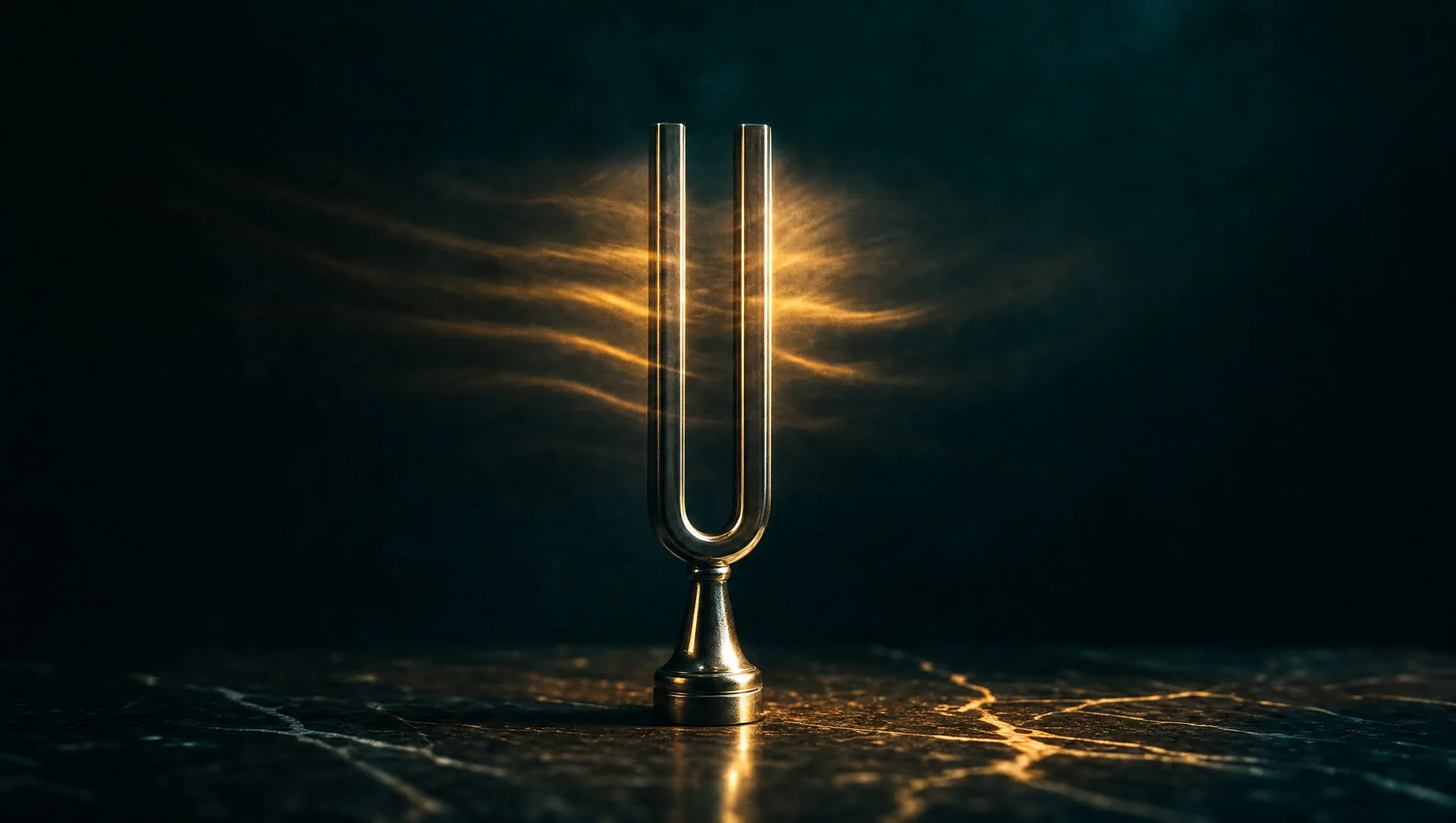 A tuning fork on black marble with golden ripples of light