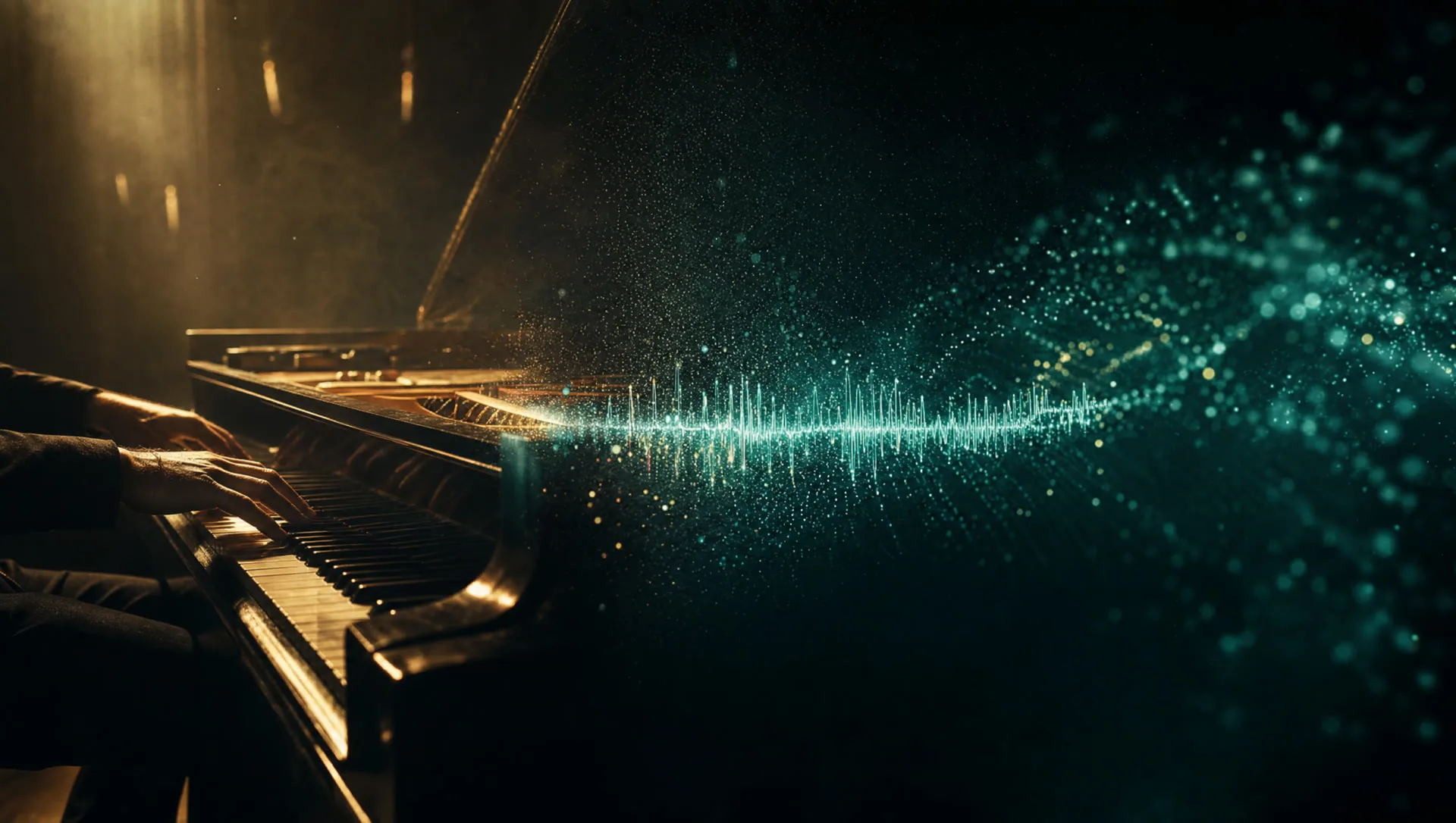 A grand piano lit warm gold, its sound dissolving into a stream of teal light and waveform