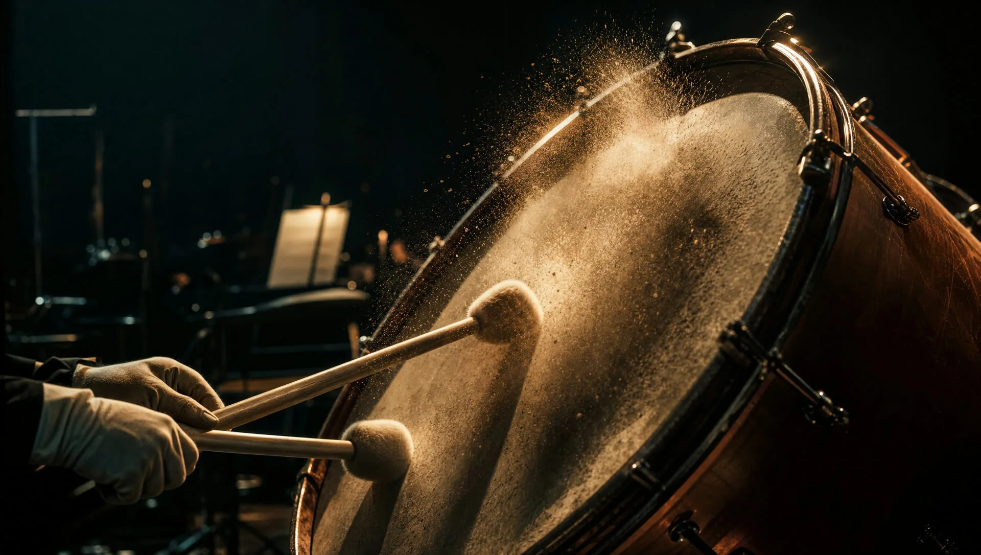 An orchestral bass drum struck, dust exploding off the drumhead in golden light