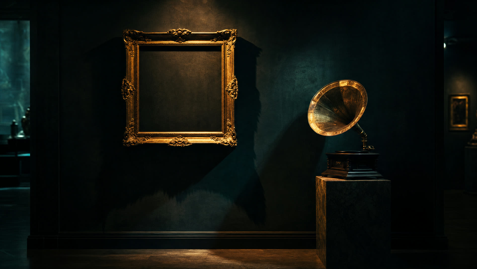 A golden picture frame and a gramophone horn in a dark gallery