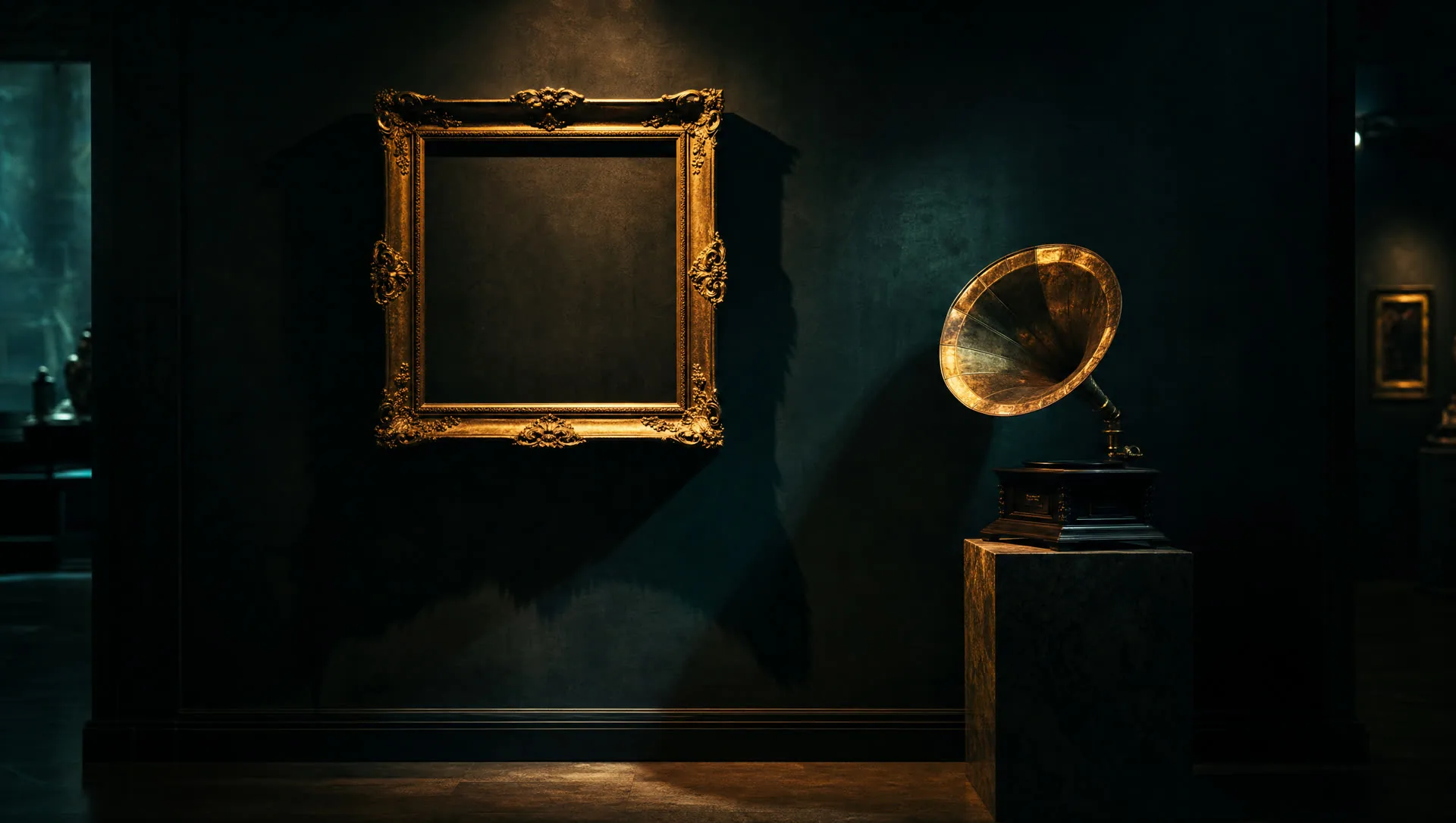 A golden picture frame and a gramophone horn in a dark gallery